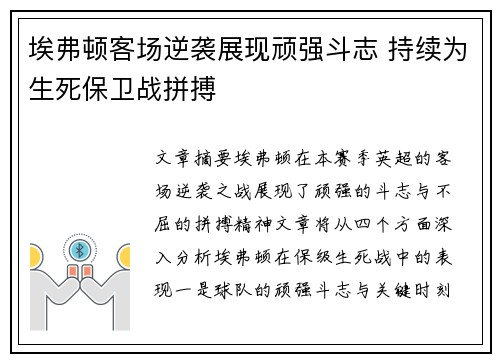 埃弗顿客场逆袭展现顽强斗志 持续为生死保卫战拼搏